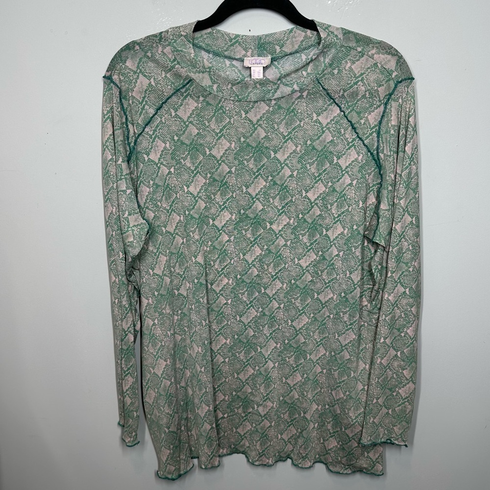 LOGO Layers “Daisy” Semi Sheer Green Snake Print Long Sleeve Top